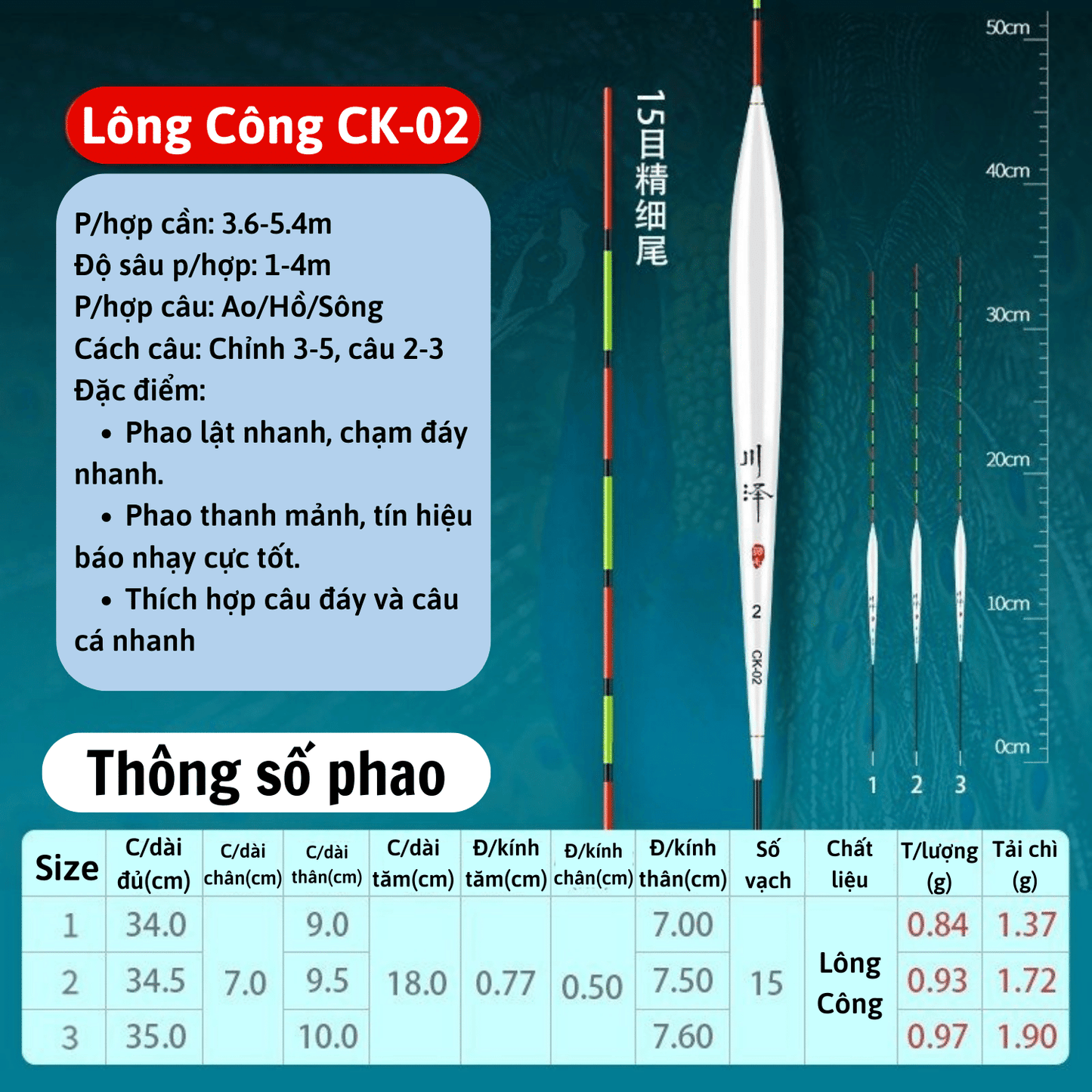 Phao Lông Công Ngày Mã CK, phao câu đơn đài Xuyên Phong, Phao câu cá cao cấp