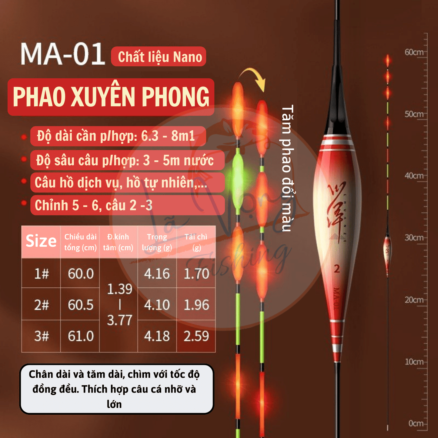 Phao nano Ngày - Đêm câu đài Xuyên Phong, Phao câu cá cao cấp mã MA