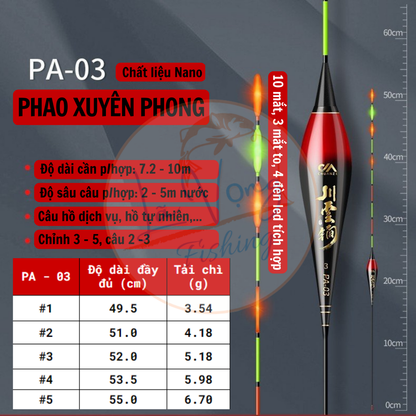 Phao nano Ngày - Đêm câu đài Xuyên Phong, Phao câu cá cao cấp